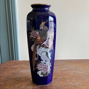 Elegant Blue Vase with Bird and Floral Design